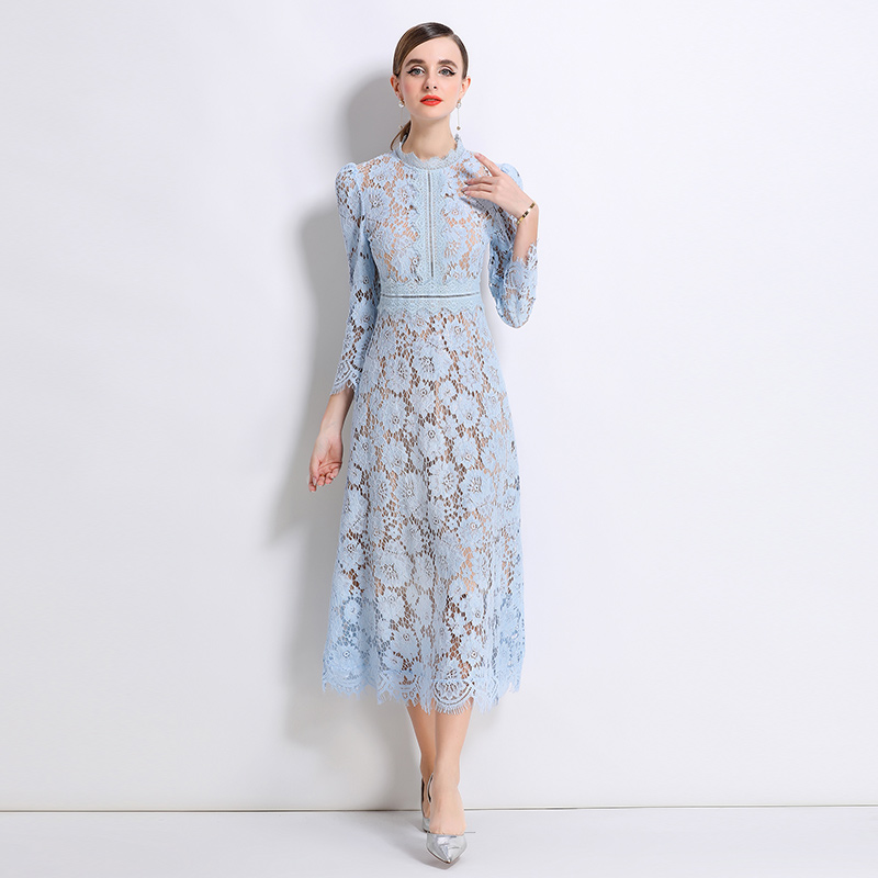 Round neck light luxury lace pinched waist France style dress