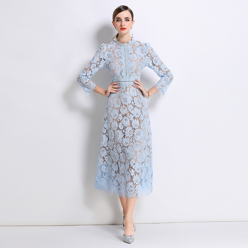 Round neck light luxury lace pinched waist France style dress