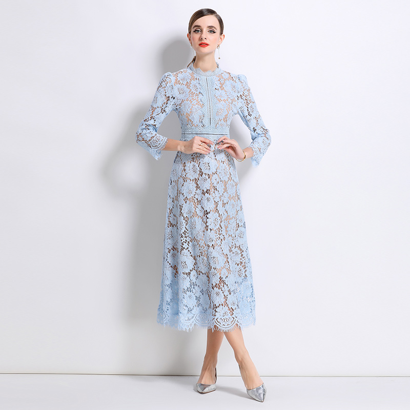 Round neck light luxury lace pinched waist France style dress