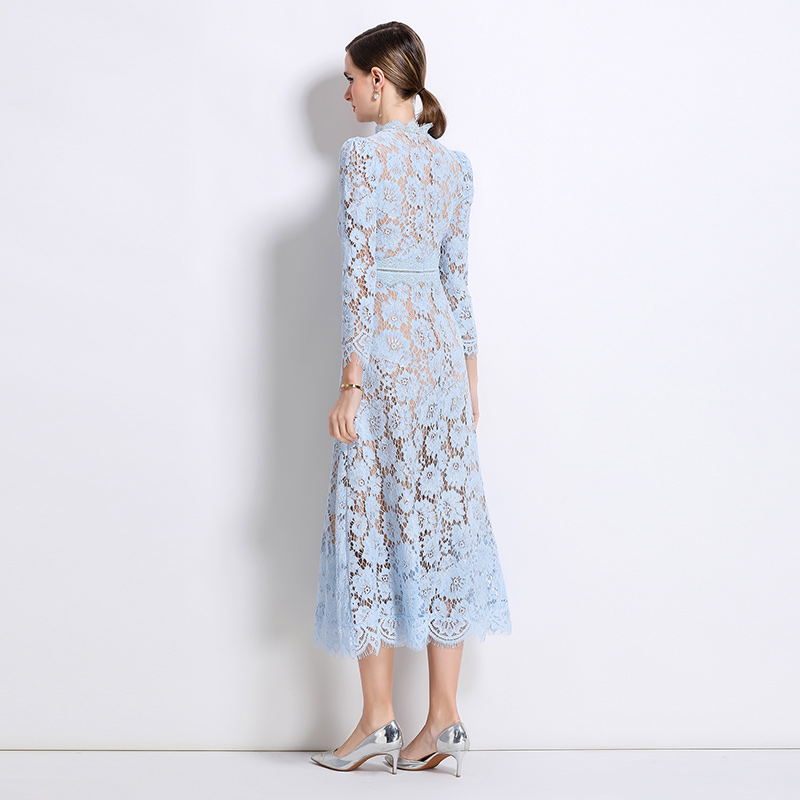 Round neck light luxury lace pinched waist France style dress