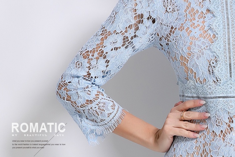Round neck light luxury lace pinched waist France style dress
