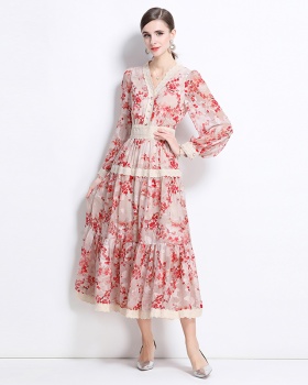 Long sleeve lace long dress printing dress for women