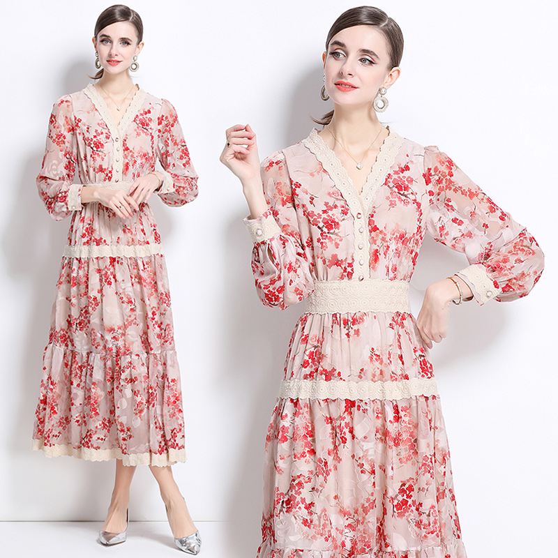 Long sleeve lace long dress printing dress for women