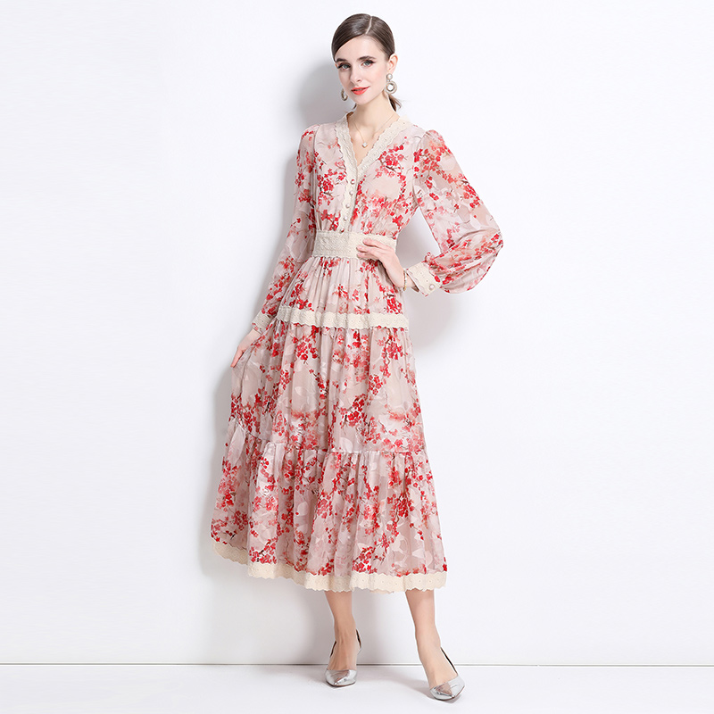 Long sleeve lace long dress printing dress for women