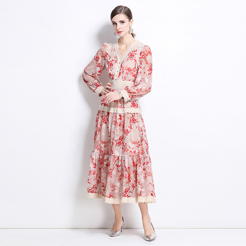 Long sleeve lace long dress printing dress for women
