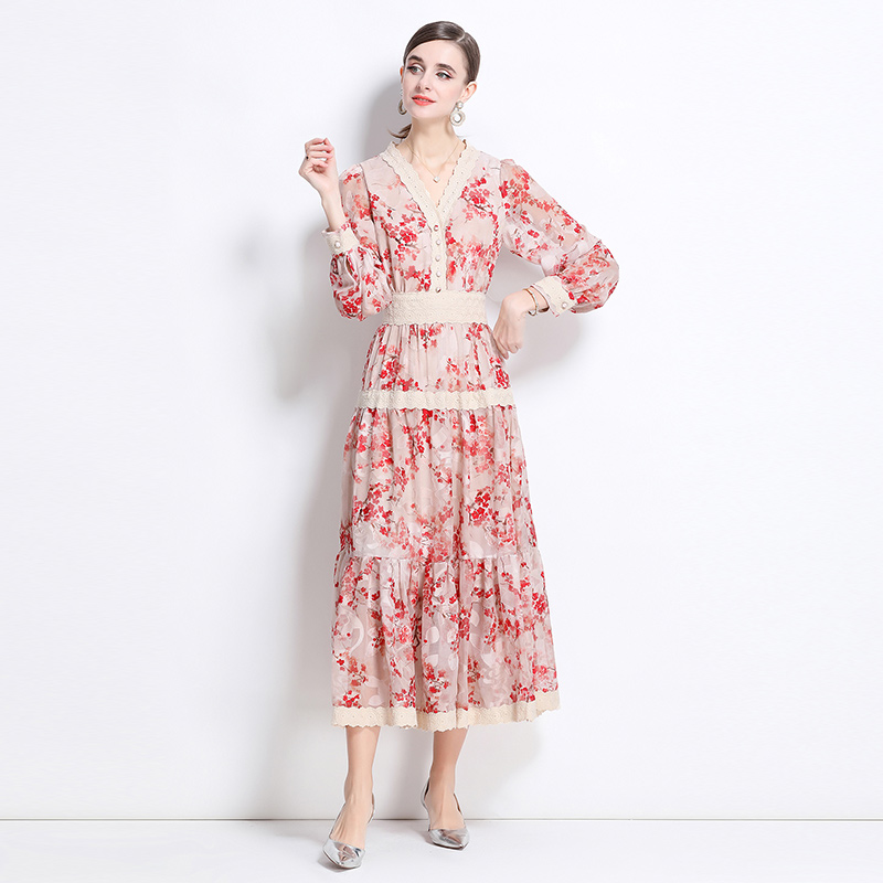 Long sleeve lace long dress printing dress for women