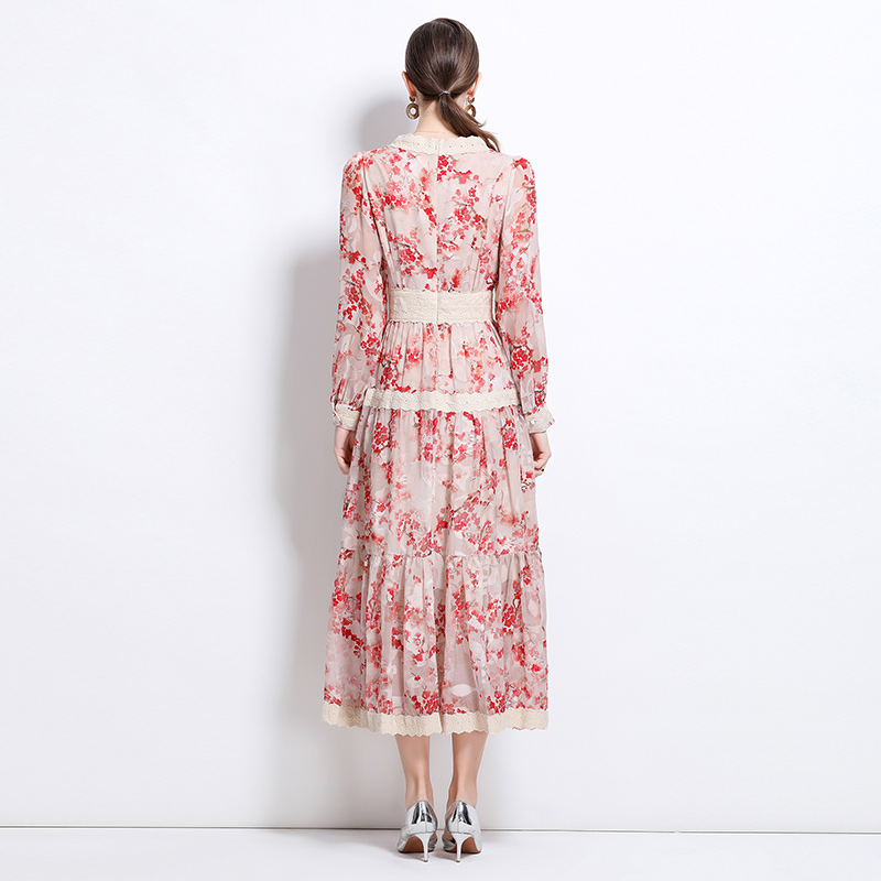 Long sleeve lace long dress printing dress for women