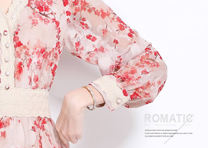 Long sleeve lace long dress printing dress for women