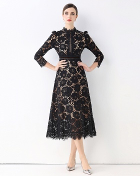 Ladies hollow light luxury round neck lace France style slim dress