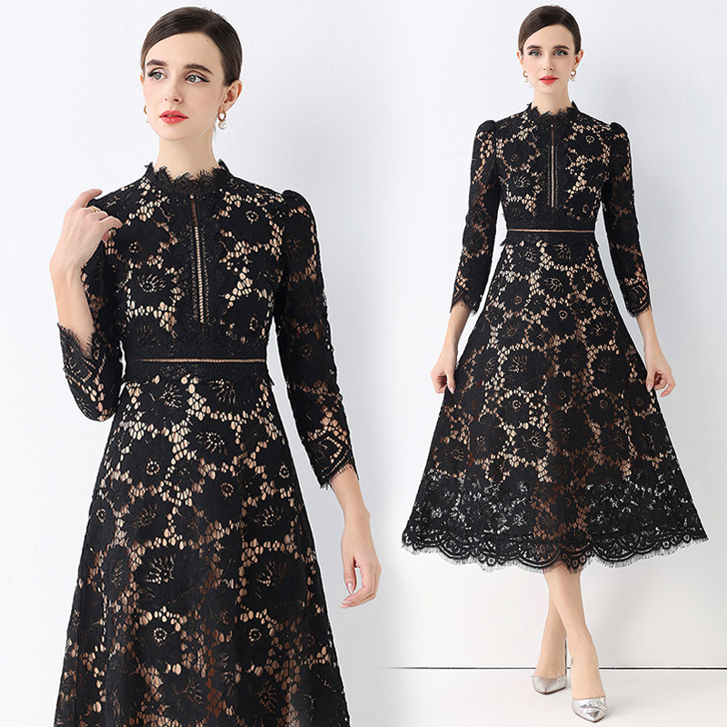 Ladies hollow light luxury round neck lace France style slim dress