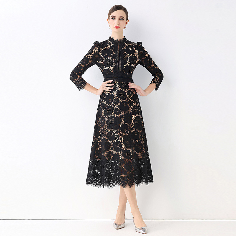 Ladies hollow light luxury round neck lace France style slim dress