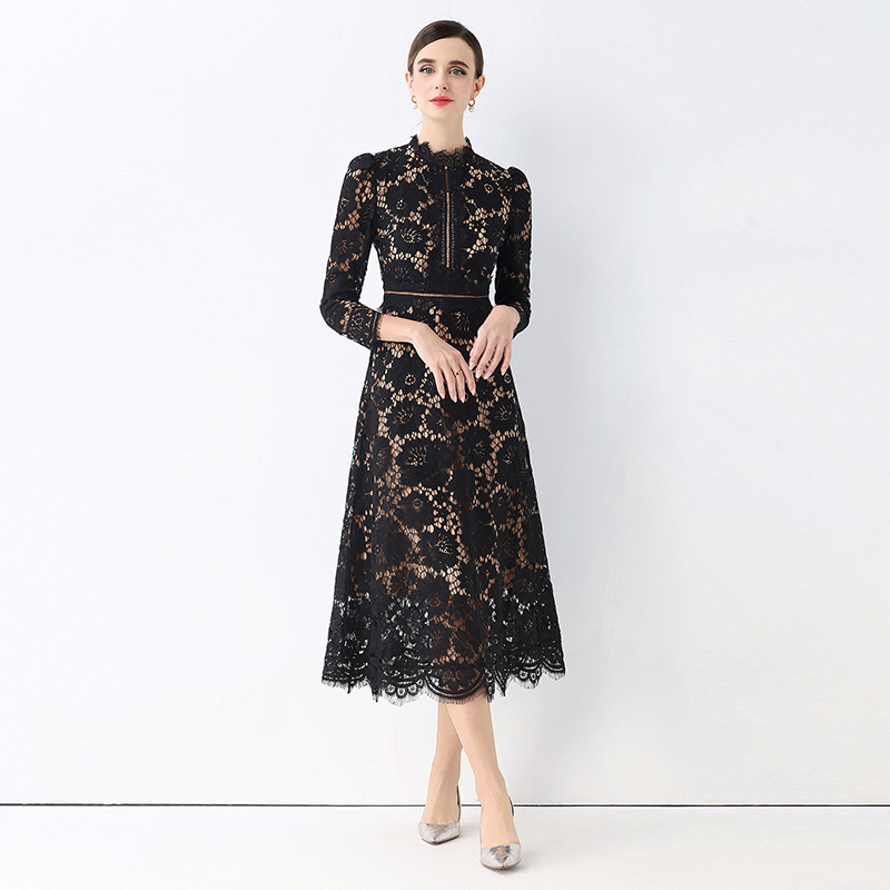 Ladies hollow light luxury round neck lace France style slim dress