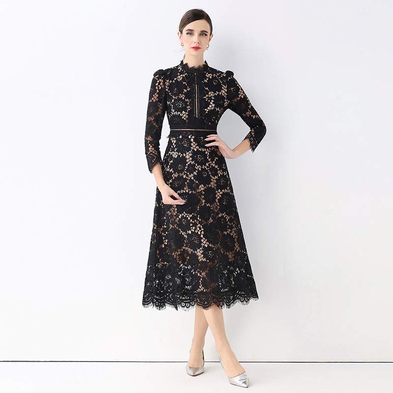 Ladies hollow light luxury round neck lace France style slim dress