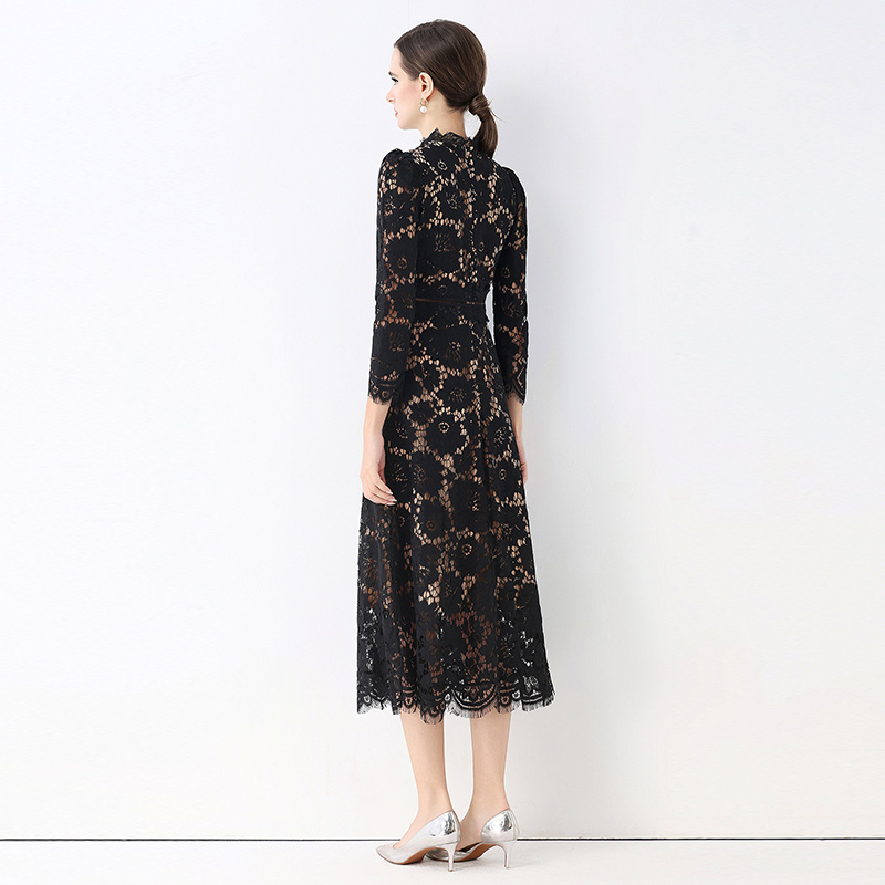 Ladies hollow light luxury round neck lace France style slim dress