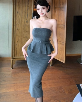 Slim wrapped chest short skirt sexy slit tops 2pcs set