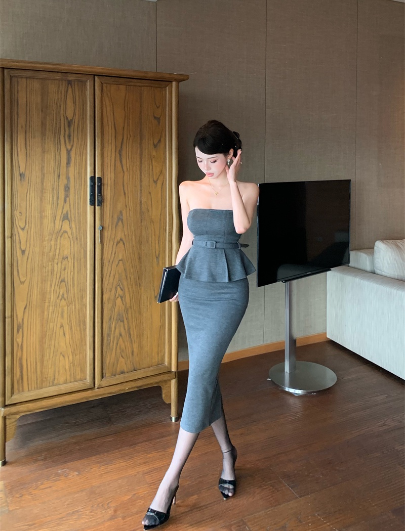 Slim wrapped chest short skirt sexy slit tops 2pcs set