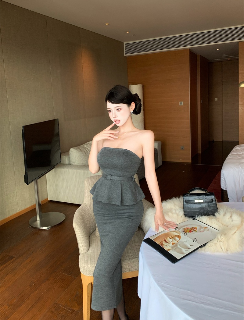 Slim wrapped chest short skirt sexy slit tops 2pcs set