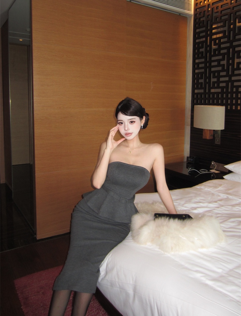 Slim wrapped chest short skirt sexy slit tops 2pcs set