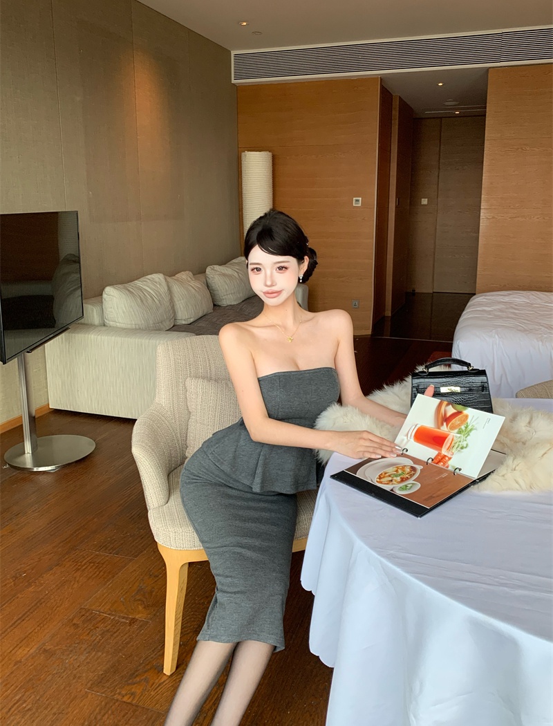 Slim wrapped chest short skirt sexy slit tops 2pcs set