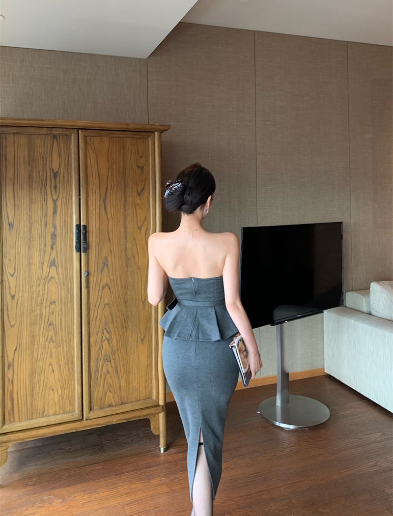 Slim wrapped chest short skirt sexy slit tops 2pcs set