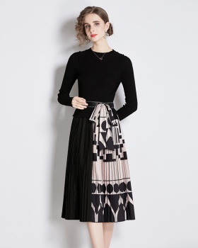 Splice fashion printing pleated dress for women