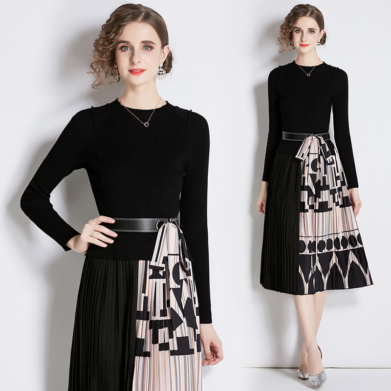 Splice fashion printing pleated dress for women