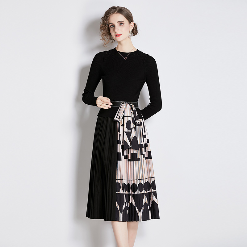 Splice fashion printing pleated dress for women