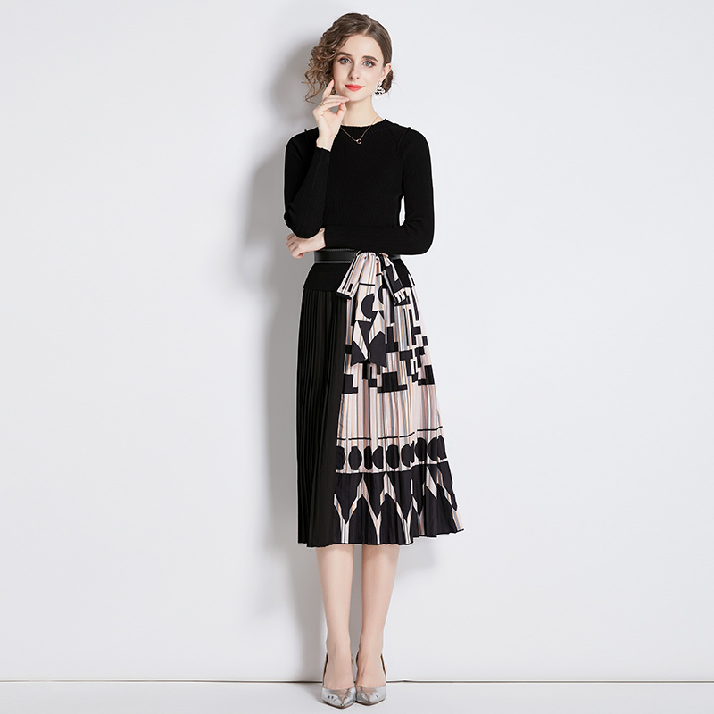 Splice fashion printing pleated dress for women