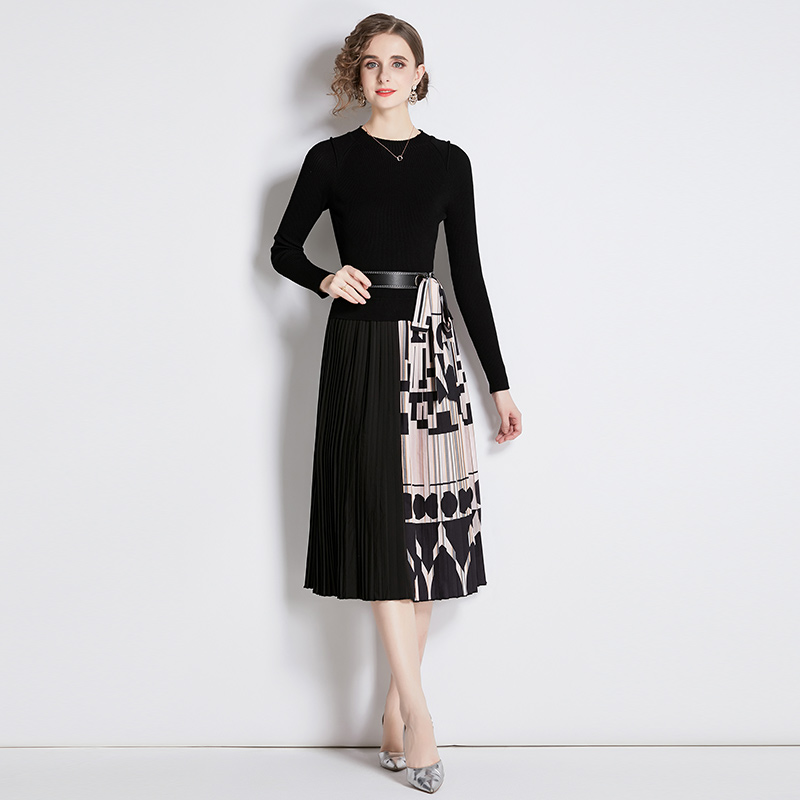 Splice fashion printing pleated dress for women