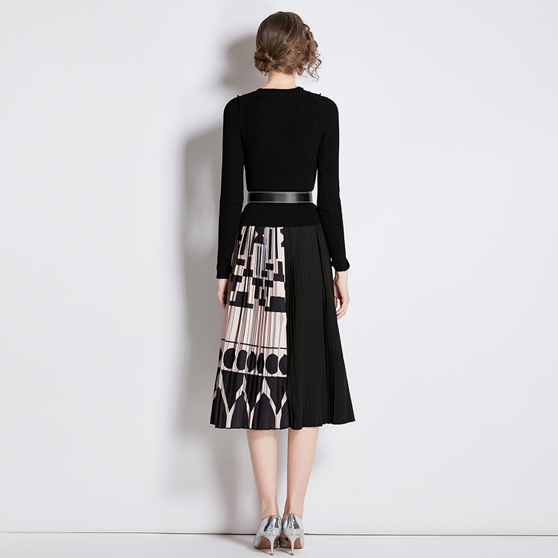 Splice fashion printing pleated dress for women