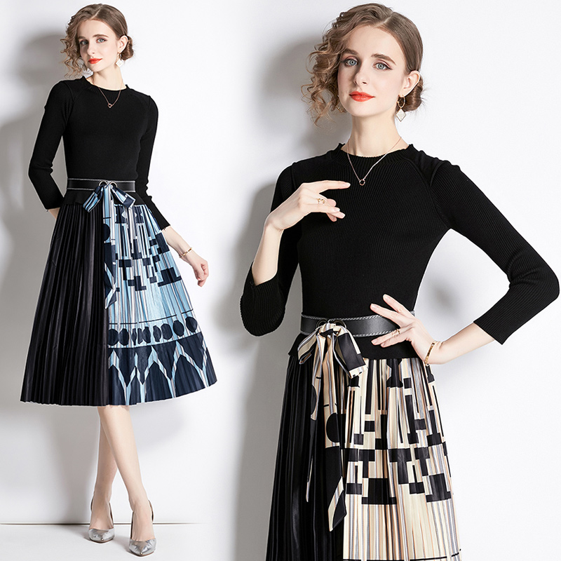 Fashion pleated printing splice autumn and winter dress