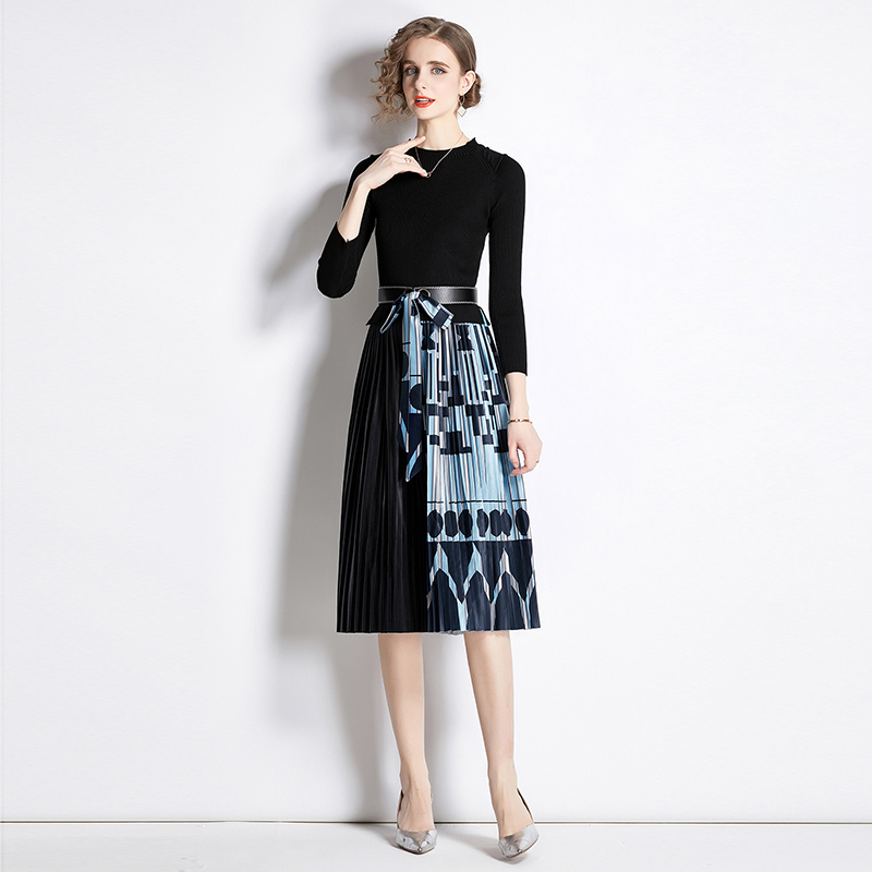 Fashion pleated printing splice autumn and winter dress
