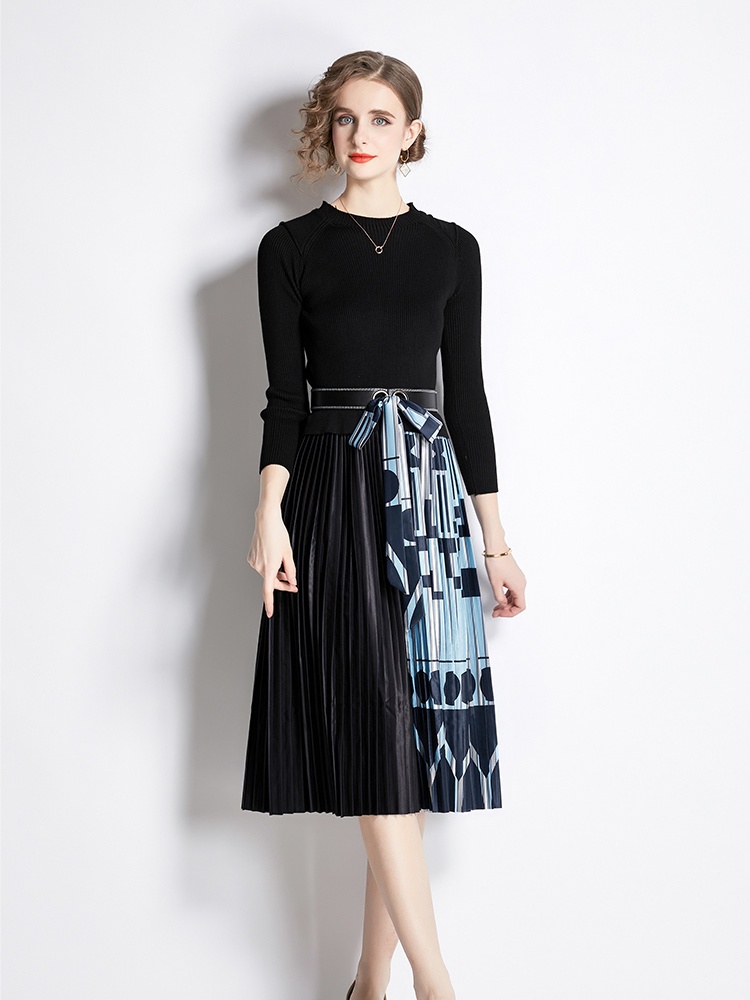 Fashion pleated printing splice autumn and winter dress