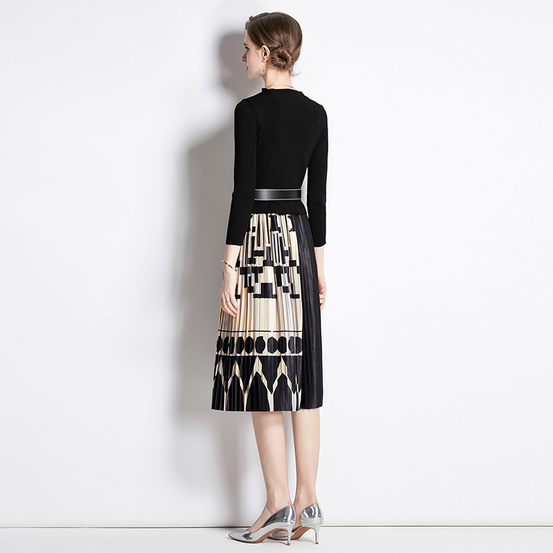 Fashion pleated printing splice autumn and winter dress