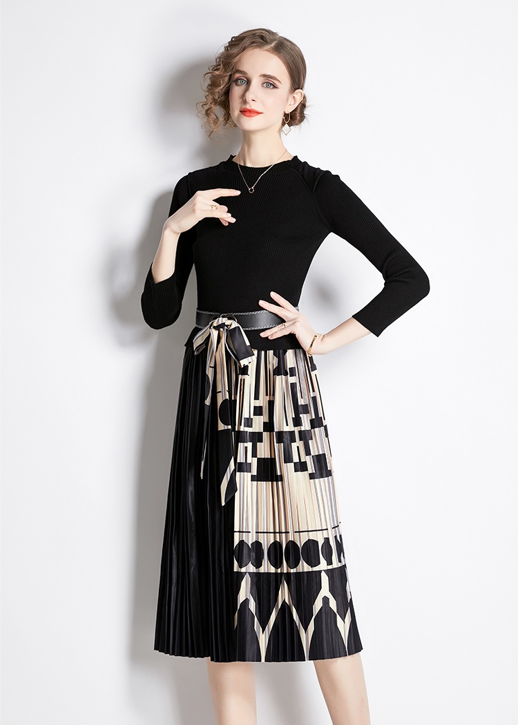 Fashion pleated printing splice autumn and winter dress