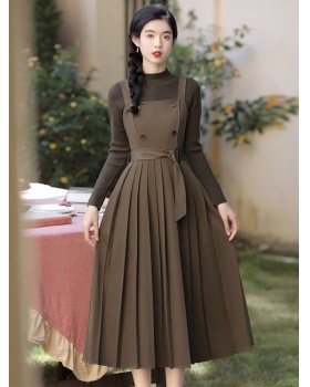 Pinched waist sweater pleated dress 2pcs set