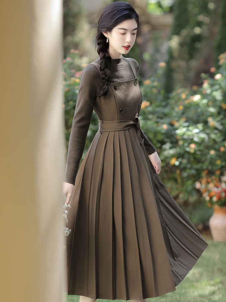 Pinched waist sweater pleated dress 2pcs set