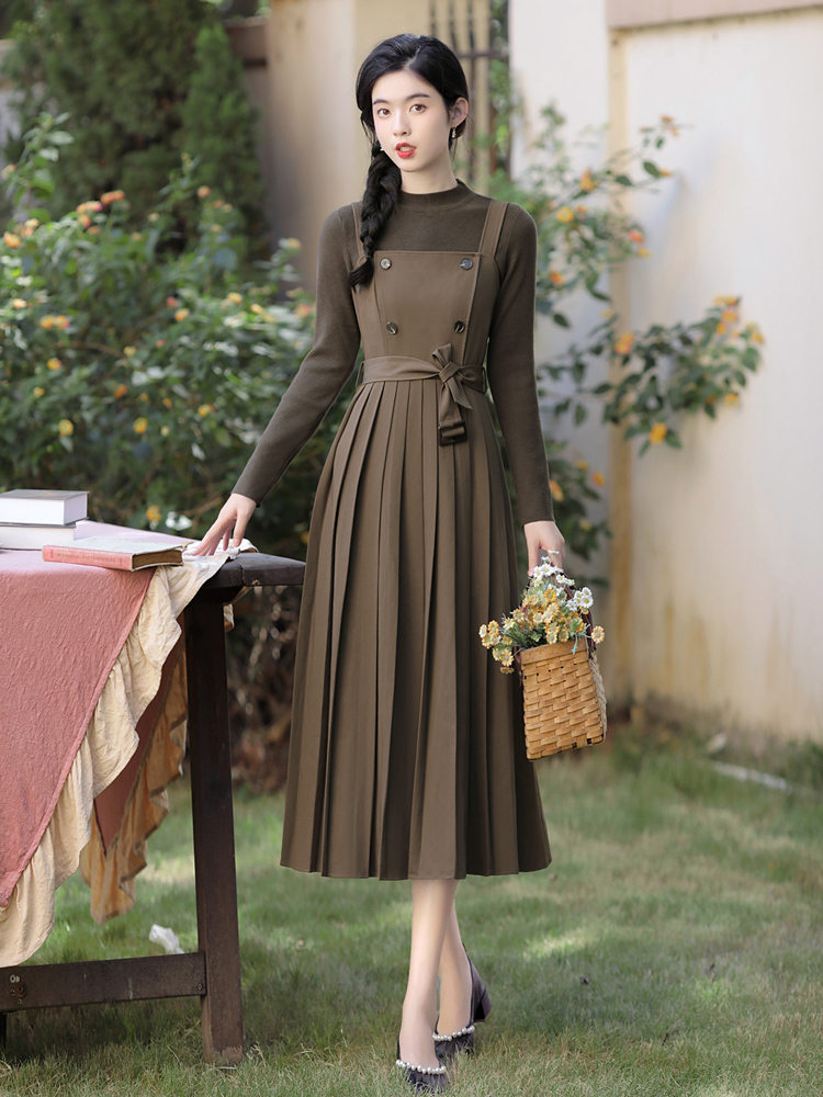 Pinched waist sweater pleated dress 2pcs set
