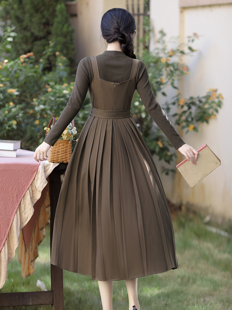 Pinched waist sweater pleated dress 2pcs set