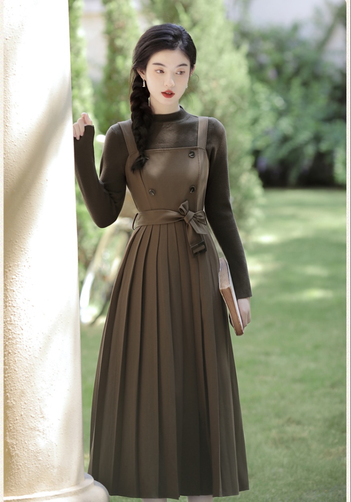 Pinched waist sweater pleated dress 2pcs set