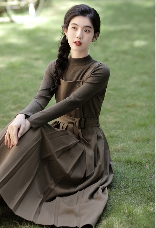 Pinched waist sweater pleated dress 2pcs set