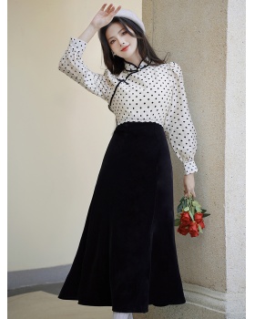 Velvet cheongsam polka dot dress