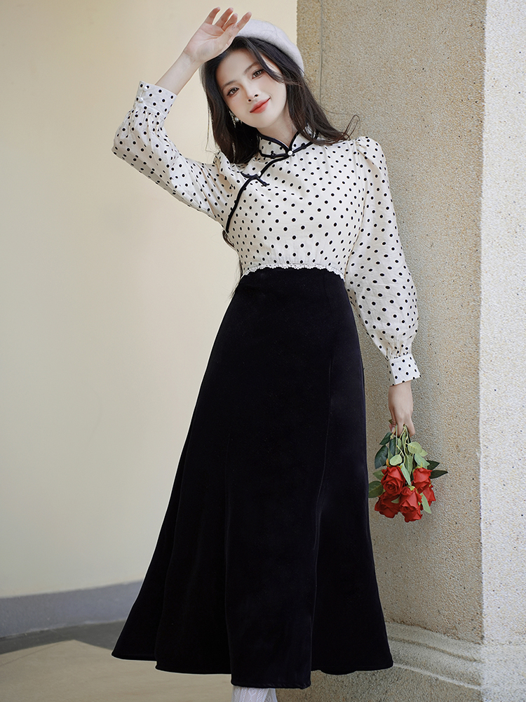 Velvet cheongsam polka dot dress