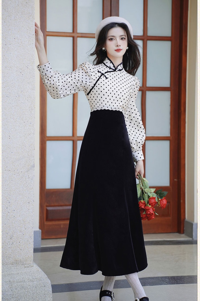 Velvet cheongsam polka dot dress