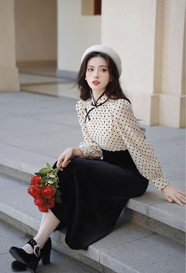 Velvet cheongsam polka dot dress