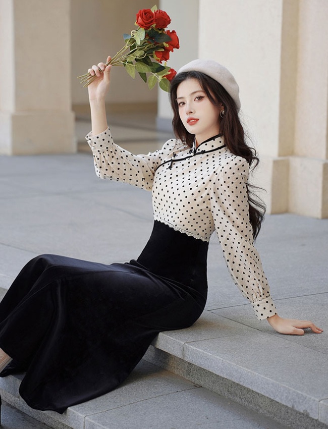 Velvet cheongsam polka dot dress