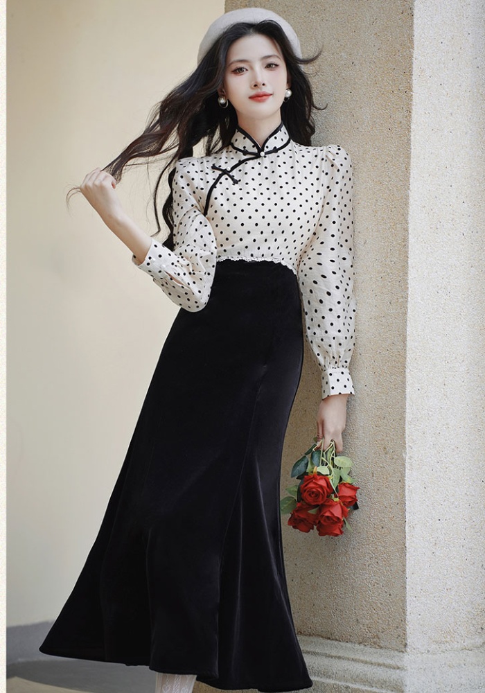 Velvet cheongsam polka dot dress