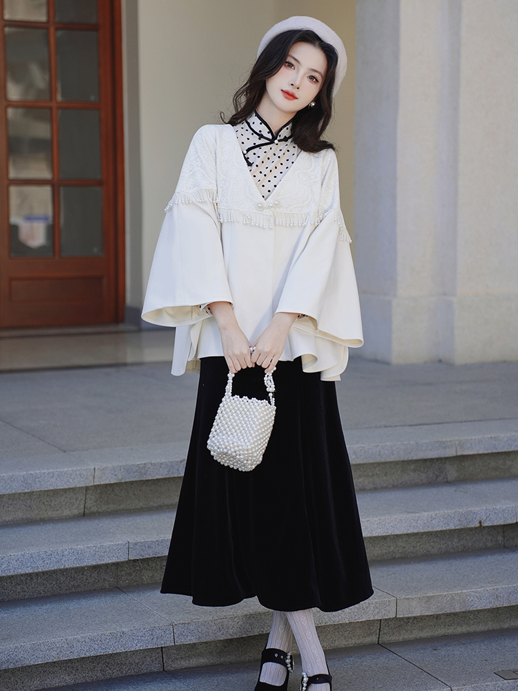 Pendant polka dot dress Chinese style cloak 2pcs set