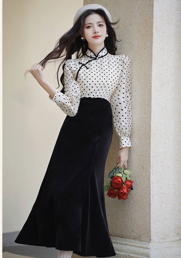 Pendant polka dot dress Chinese style cloak 2pcs set