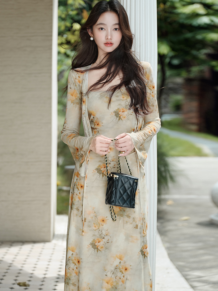 Sling outside the ride dress painting cardigan 2pcs set
